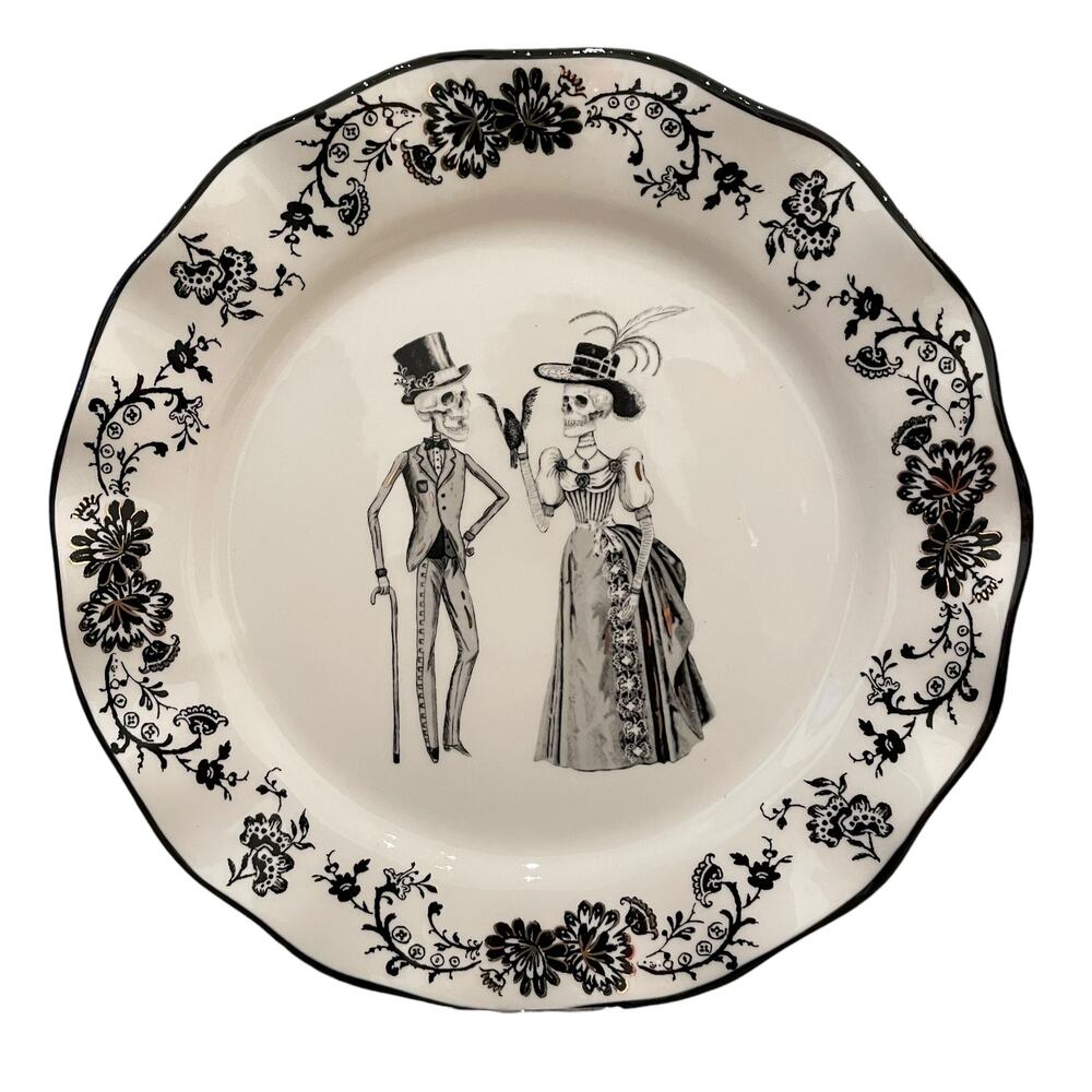 Potter's Studio Halloween VICTORIAN SKELETON Dinner Plates Set of 4 Scalloped